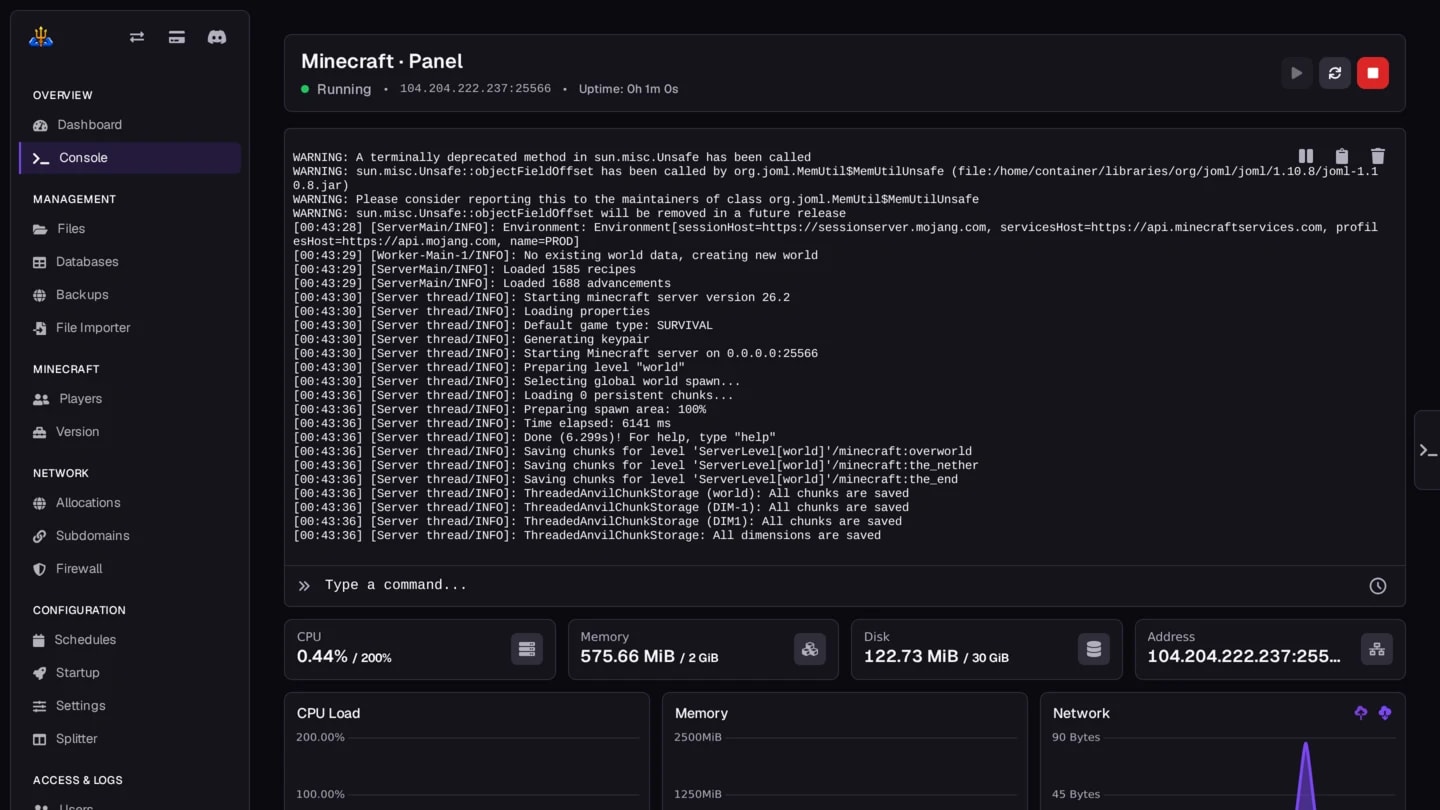Live console — the server booting, and a command line that answers